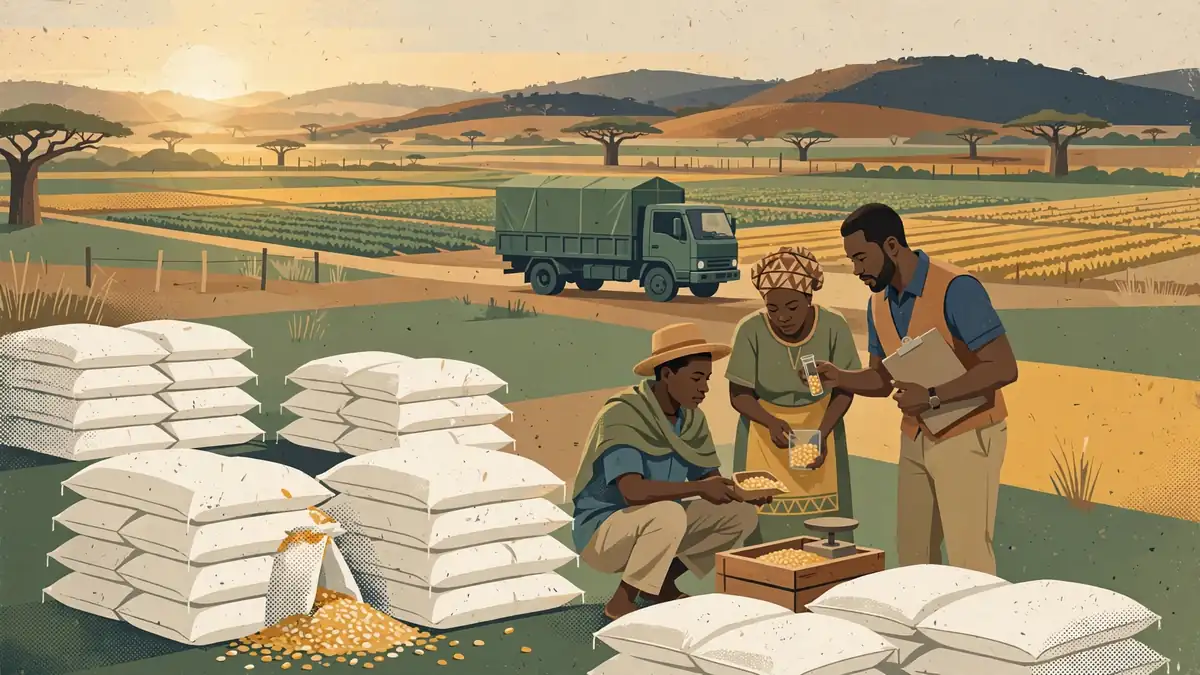 Farmers and a field officer inspecting grain beside bagged produce and a delivery truck